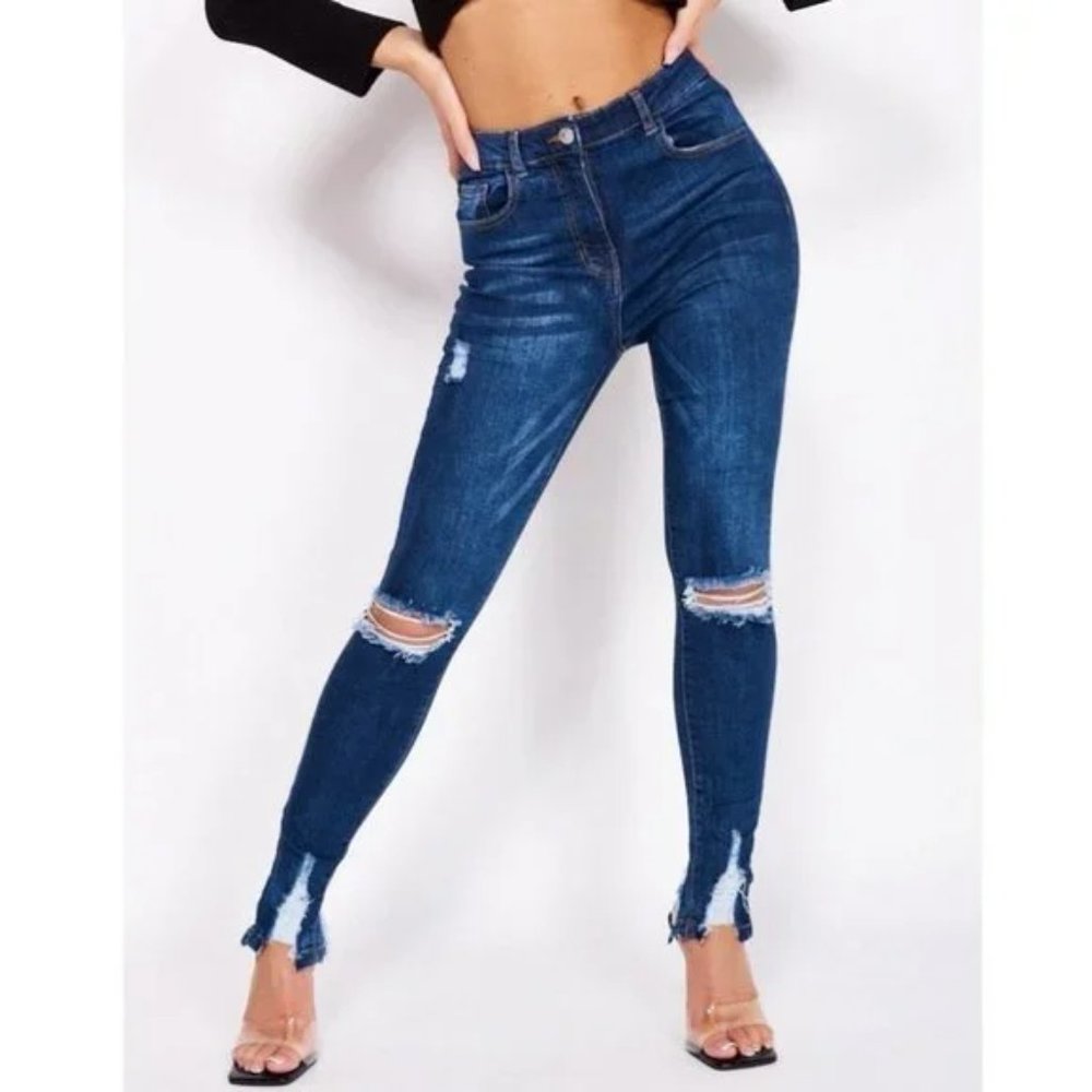Blue High Waist Ripped Distressed Split Hem Skinny Jeans Denim Pants - Picture 1 of 13